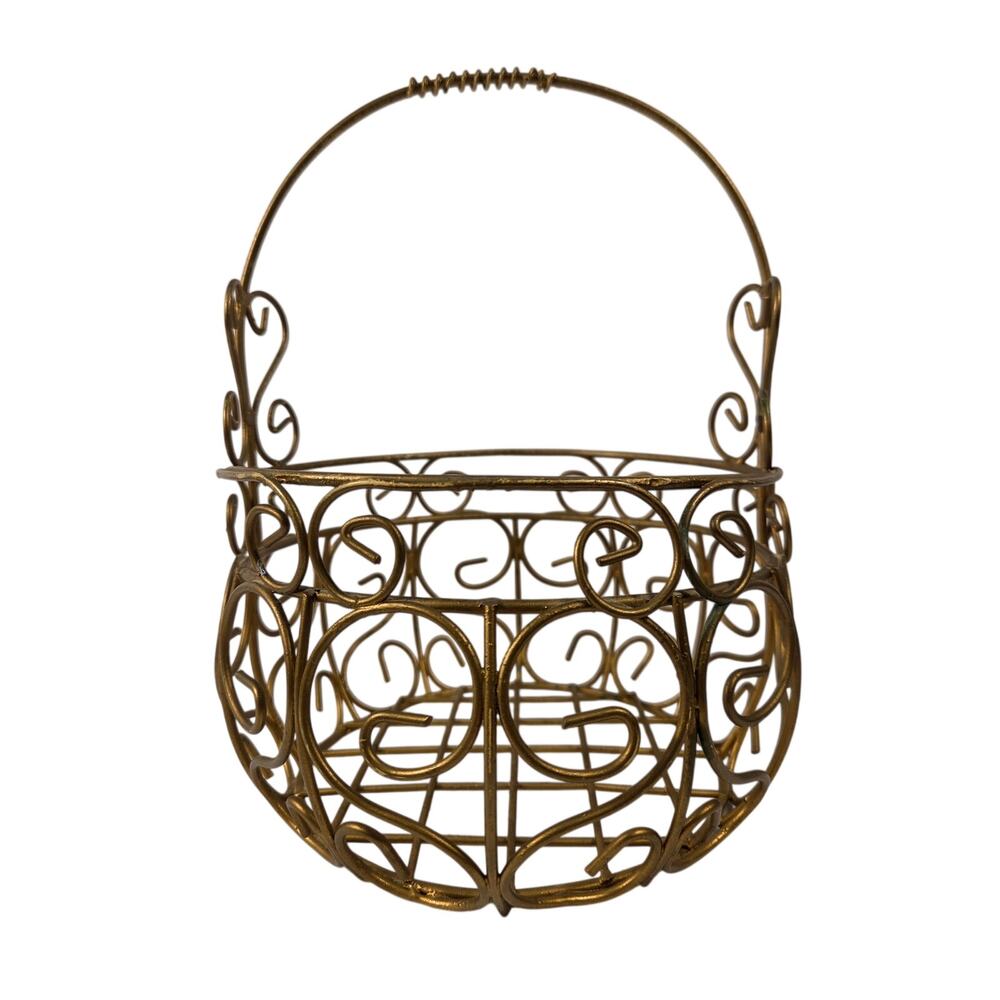 Brass Wire Basket Planter Ornate Scrollwork Decorative Basket W Handle, Vintage